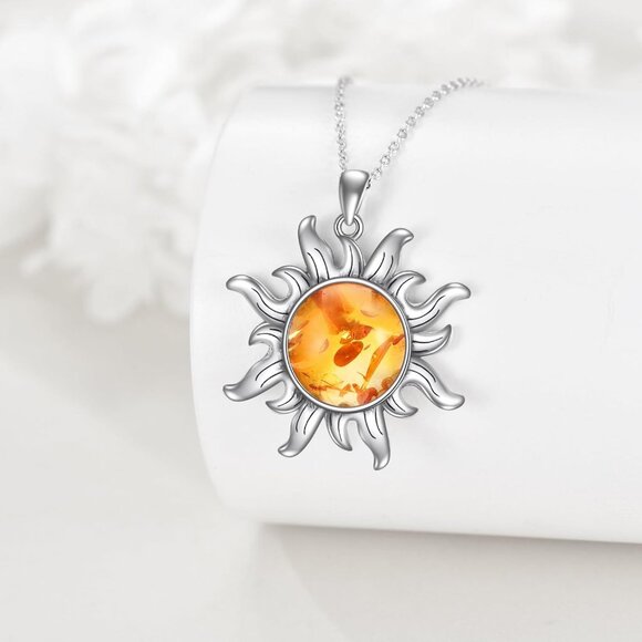 Sterling Silver Amber Sun Necklace for Women 13mm Protecting Jewelry Gift - Picture 2 of 7
